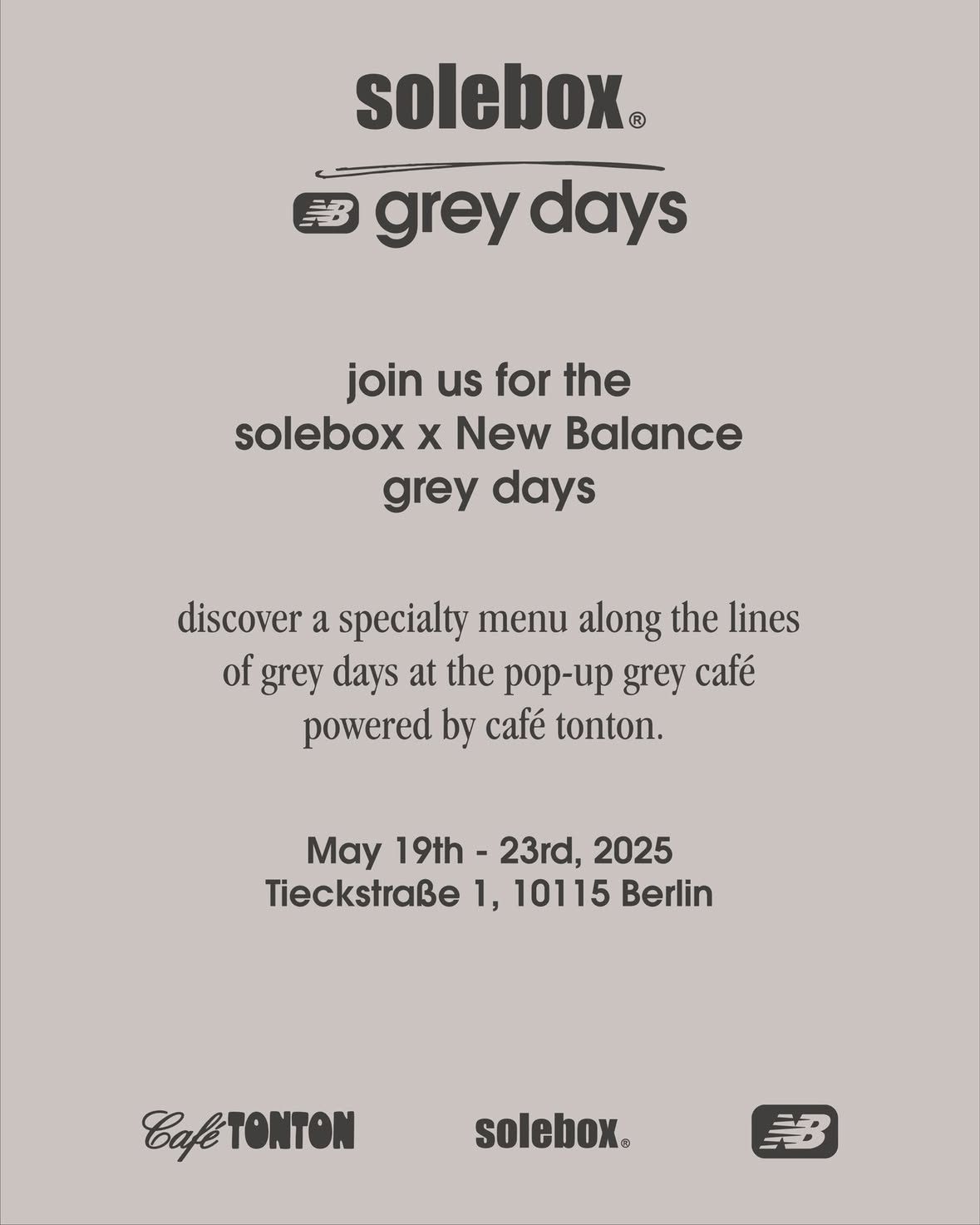 The Grey Café poster by solebox and New Balance, with the Café TonTon logo